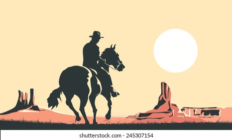 Horizontal cartoon illustration of prairie with hero of the wild West leaves in sunset.