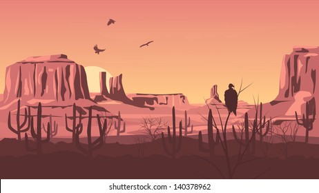 Horizontal cartoon illustration of prairie wild west with cacti at sunset.