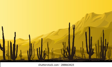 Horizontal cartoon illustration of valley with cacti and mountains in background in yellow tone.