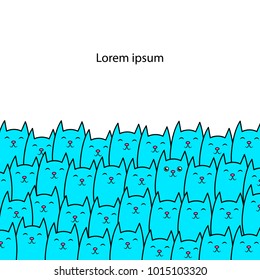 Horizontal cats banner with place for text. Large group of blue cats background. Vector illustration.