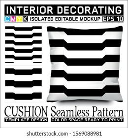 Horizontal cavity stripes black and white. Seamless pattern and cushion mockup. Isolated and editable. CMYK color space ready to print. This pattern can also used for other.