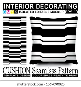 Horizontal cavity stripes black and white. Seamless pattern and cushion mockup. Isolated and editable. CMYK color space ready to print. This pattern can also used for other.