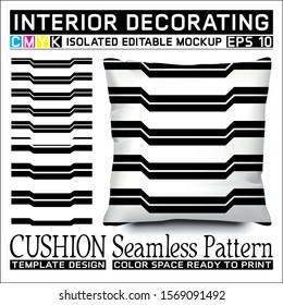 Horizontal cavity stripes black and white. Seamless pattern and cushion mockup. Isolated and editable. CMYK color space ready to print. This pattern can also used for other.