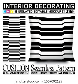 Horizontal cavity stripes black and white. Seamless pattern and cushion mockup. Isolated and editable. CMYK color space ready to print. This pattern can also used for other.