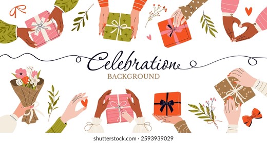 Horizontal celebration background. Female hands holding various gift boxes, bouquet, heart. Festive banner for Happy New Year, Valentine's Day, Birthday or Sale designs. Vector template in flat style.