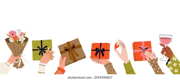 Horizontal celebration background with space for text. Female hands holding various gift boxes, bouquet, glass, heart. Festive banner for Happy New Year, Valentine's Day, Birthday or Sale designs.