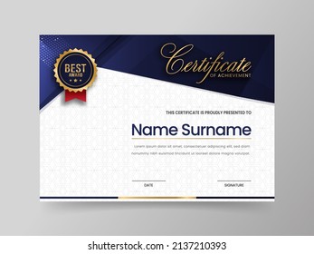 Horizontal Certificate Of Achievement Template With Award Badge In Blue And White Color.