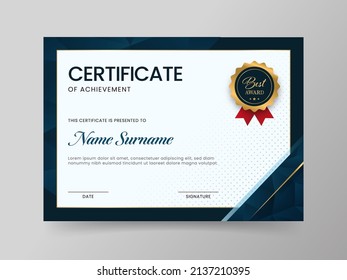 Horizontal Certificate Of Achievement Template In Blue And White Color.
