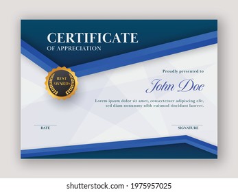 Horizontal Certificate Of Appreciation Template Design In Blue Color.