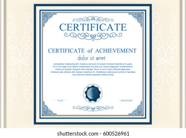 Horizontal certificate of completion template with background , blue border and gold medal insignia This background design usable for diploma