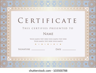 Horizontal certificate of completion template with golden floral border. This design usable for diploma, invitation,  gift voucher, coupon, official or different awards. Vector illustration EPS 8