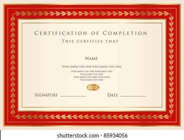 Horizontal certificate of completion (template) with golden pattern and red frame. This design usable for diploma, invitation, gift voucher, coupon, official, ticket or different awards. Vector