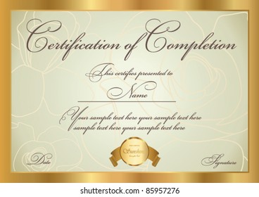 Plantilla de certificado de finalización horizontal con marco y patrón floral dorado. Este diseño puede ser utilizado para diploma, invitación, cupón de regalo, cupón, boleto o premios diferentes. Vector