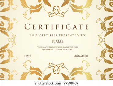 Horizontal certificate of completion template with golden floral pattern. This design usable for diploma, invitation,  gift voucher, coupon, official, ticket or different awards. Vector illustration