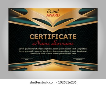 Horizontal certificate or diploma template with gold and turquoise decorative elements on black background. Vector illustration.