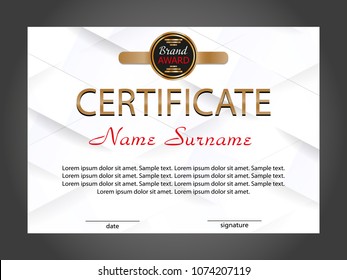 Horizontal certificate or diploma template with white geometric modern background. Vector illustration.