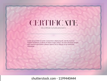 Horizontal certificate with guilloche and watermark vector template design. Diploma design graduation, award, success. Award background. Pink Gift voucher without Guilloche pattern rosette .