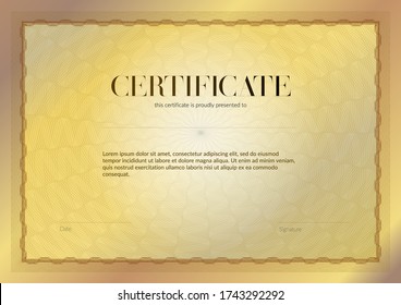 Horizontal certificate with guilloche and watermark vector template design. Diploma design graduation, award, success. Award background. Yellow gold Gift voucher without Guilloche pattern rosette