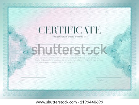 Horizontal certificate with guilloche and watermark vector template design. Diploma design graduation, award, success. Award background. Gift voucher with Guilloche pattern rosette .