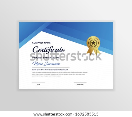 Horizontal certificate template with a luxury badge and blue color gradient modern shape. For award and education