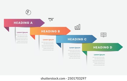 Horizontal chain with 4 square links connected by arrows. Concept of four steps of business development and progress. Minimal infographic 