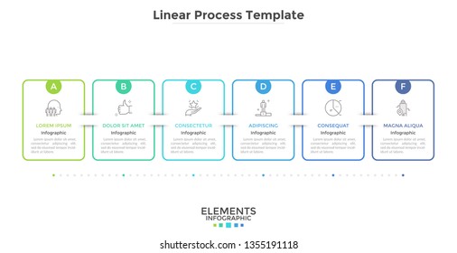Horizontal chain with 6 connected rectangular elements. Concept of six successive stages of business development plan. Modern infographic design template. Vector illustration for progress bar.