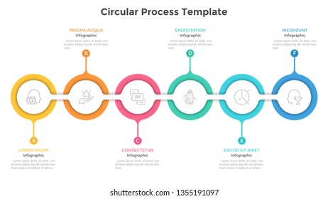 Horizontal chain with 6 connected round paper white links. Concept of sixsteps of progressive business development. Flat infographic design template. Clean vector illustration for presentation.