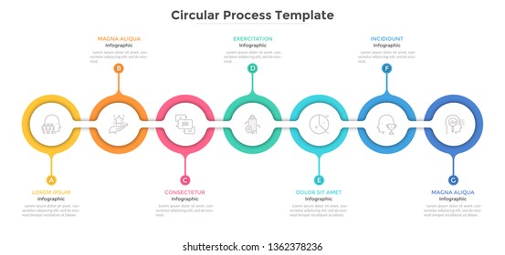 Horizontal chain with 7 connected round paper white links. Concept of seven steps of progressive business development. Flat infographic design template. Clean vector illustration for presentation.
