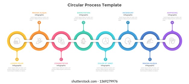 Horizontal chain with 8 connected round paper white links. Concept of eight steps of progressive business development. Flat infographic design template. Clean vector illustration for presentation.
