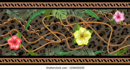 Horizontal chains seamless with tropical flowers and leopard skin. Horizontal seamless border. Vector illustration.