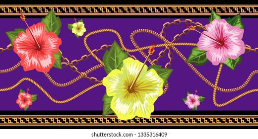 Horizontal chains seamless with tropical flowers. Horizontal seamless border. Vector illustration.