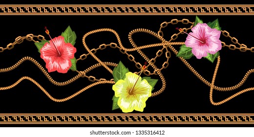 Horizontal chains seamless with tropical flowers. Horizontal seamless border. Vector illustration.