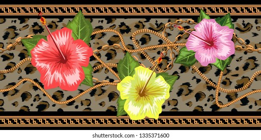 Horizontal chains seamless with tropical flowers and leopard skin. Horizontal seamless border. Vector illustration.