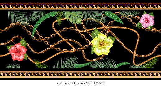Horizontal chains seamless with tropical flowers. Horizontal seamless border. Vector illustration.