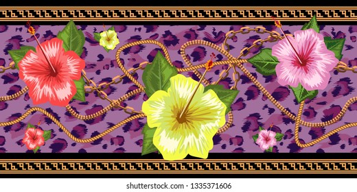 Horizontal chains seamless with tropical flowers and leopard skin. Horizontal seamless border. Vector illustration.