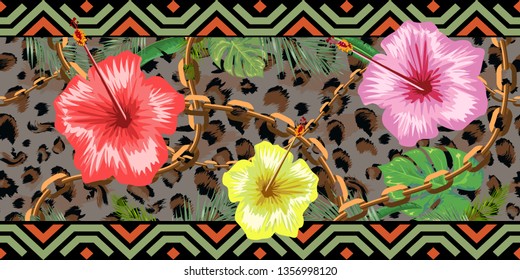 Horizontal chains seamless with tropical flowers and leopard skin. Horizontal seamless border. Vector illustration.