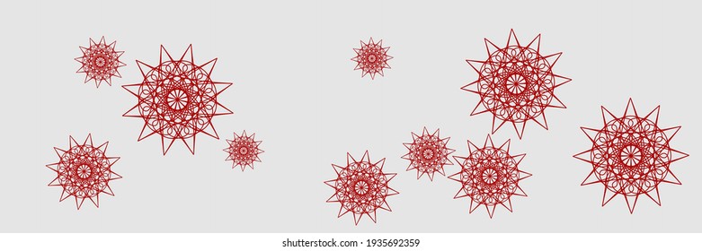 Horizontal Chaotic Holiday Silver Mandala Design Pic. New Year Santa Christmas Holiday Composition. Winter Ornamental Bright Grey Print Sky Background. Snowflakes White Stars Red Snow Ornament.