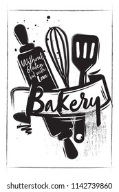 Horizontal charcoal bakery poster. Kitchen accessories for baking - rolling pin, whisk, spatula
