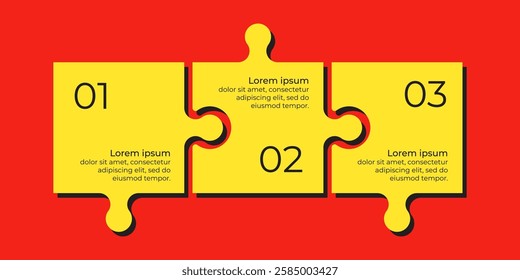 Horizontal chart with 3 connected jigsaw puzzle pieces. Yellow and red trendy infographic design template.