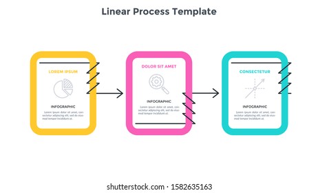 Horizontal chart with 3 rectangular elements connected by arrows twined around it. Concept of three stages of business development plan. Simple infographic design template. Flat vector illustration.