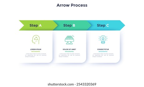 Horizontal chart with 3 rectangular elements and ribbon arrows. Three milestones of company's development history. Simple infographic design template. Flat vector illustration for presentation, report