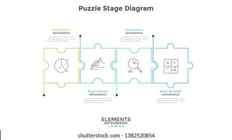 Horizontal Chart With 4 Connected Jigsaw Puzzle Pieces. Concept Of Four Dependent Components Or Parts Of Business Project. Linear Infographic Design Template. Vector Illustration For Progress Bar.