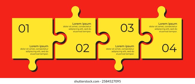 Horizontal chart with 4 connected jigsaw puzzle pieces. Yellow and red trendy infographic design template.