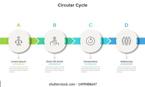 Horizontal chart with 4 round paper white elements. Concept of four successive steps of business strategy. Flat infographic design template. Vector illustration for process diagram, progress bar.