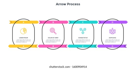 Horizontal chart with 4 rounded elements connected by arrows pointing back and forth. Concept of four steps of business project development. Simple infographic design template. Vector illustration.