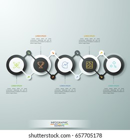 Horizontal chart with 5 circular elements in black and white colors connected by arrows, thin line symbols and text boxes. Concept of strategic steps. Infographic design template. Vector illustration.