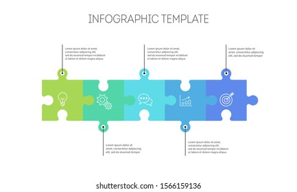 Horizontal chart with 5 connected jigsaw puzzle pieces. Linear infographic design template. 