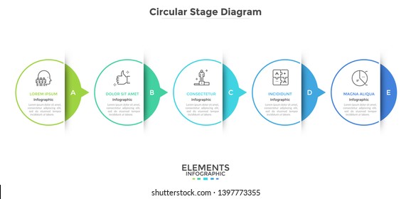 Horizontal chart with 5 paper white elements connected by arrows. Concept of five successive stages of business progress. Modern infographic design template. Vector illustration for presentation.