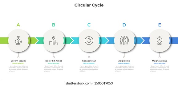 Horizontal chart with 5 round paper white elements. Concept of five successive steps of business strategy. Flat infographic design template. Vector illustration for process diagram, progress bar.