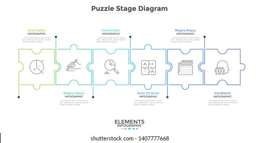 Horizontal chart with 6 connected jigsaw puzzle pieces. Concept of six dependent components or parts of business project. Linear infographic design template. Vector illustration for progress bar.